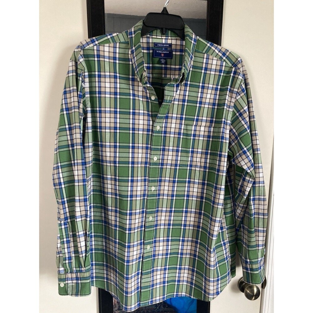 Saddlebred Men’s Stretch Oxford Button Up Green Plaid XXL Excellent Condition